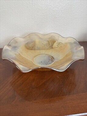Vintage Jeannette Amber Iridescent Iris Herringbone 12" Large Ruffled Glass Bowl